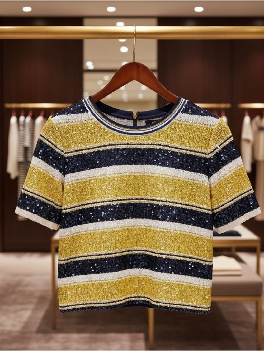 3.1Philip Lim silk sequin striped top, yellow, navy, ivory short sleeve top L